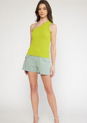 EDGE OF STYLE CHARTREUSE ONE SHOULDER RIBBED TOP