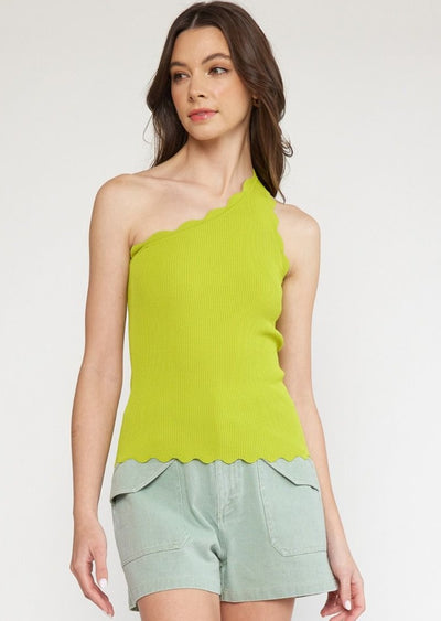 EDGE OF STYLE CHARTREUSE ONE SHOULDER RIBBED TOP