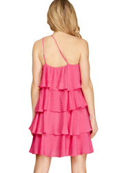 CASCADING CRUSH ONE SHOULDER TIERED RUFFLE DRESS