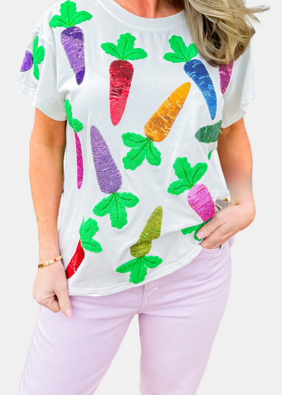 QUEEN OF SPARKLES WHITE MULTI CARROT TEE