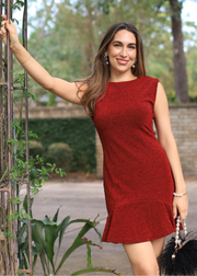 GLAMOROUS GAZE RED METALLIC RUFFLE HEM DRESS