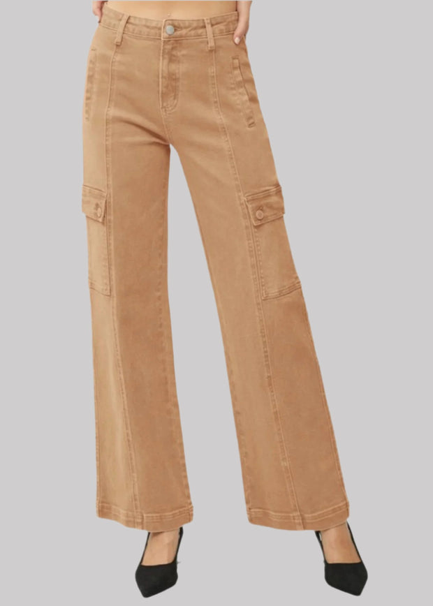 RISEN HIGH RISE ANKLE WIDE CARGO PANTS - COCOA