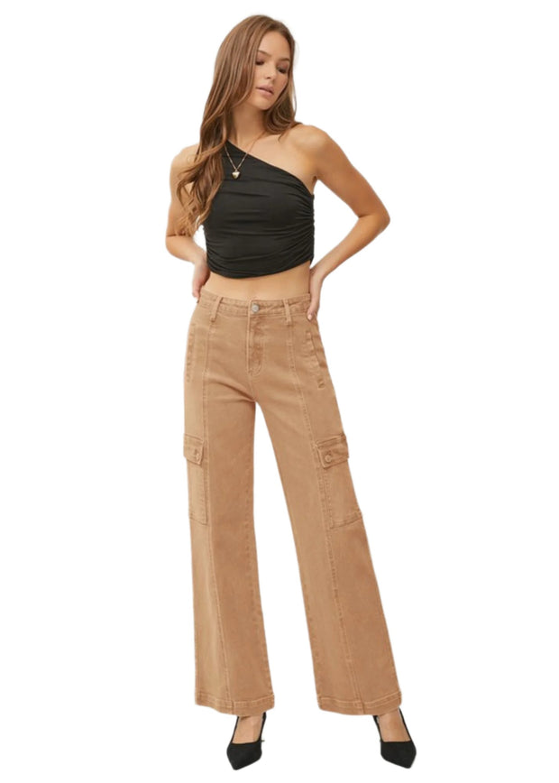 RISEN HIGH RISE ANKLE WIDE CARGO PANTS - COCOA