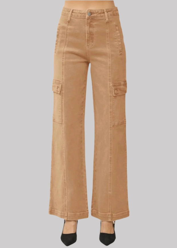 RISEN HIGH RISE ANKLE WIDE CARGO PANTS - COCOA