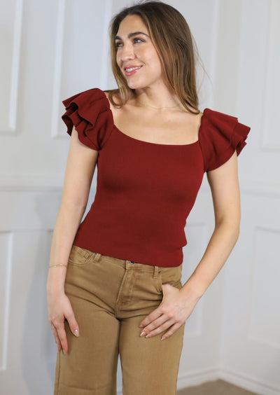TIME TO SHINE RUFFLE SLEEVE RIB TOP - ASSORTED COLORS