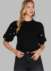 CRYSTAL CHARM SHORT PUFFER EMBELLISHED SWEATER TOP