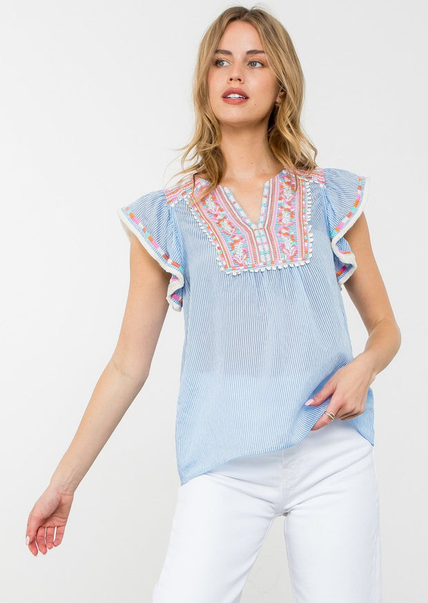 SPRINGTIME BLUE STRIPED EMBROIDERED DETAIL TOP