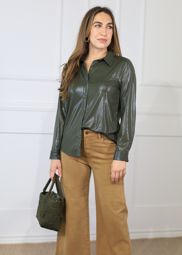 READ ALL ABOUT IT BUTTON DOWN OLIVE SHIRT