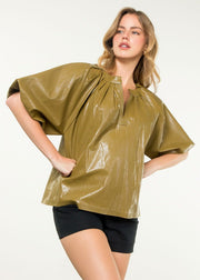 SWEET EDGE PUFF SLEEVE LEATHER TOP