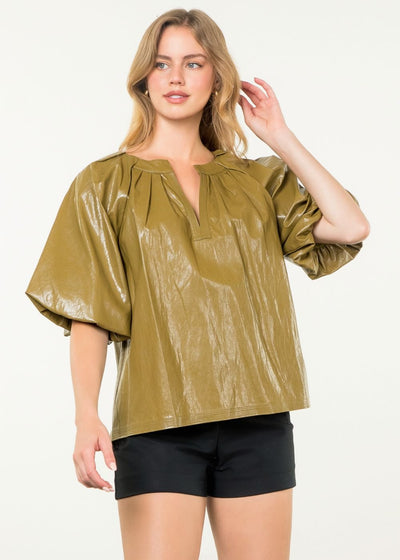 SWEET EDGE PUFF SLEEVE LEATHER TOP