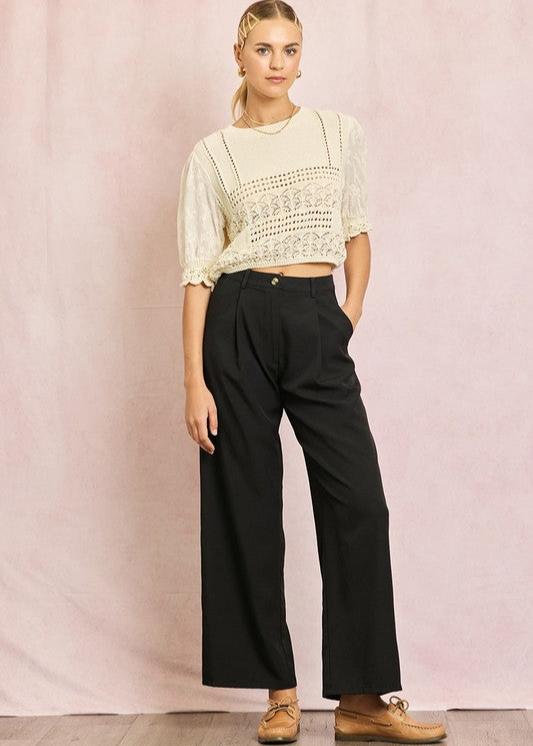 SLEEK REFINEMENT BLACK WIDE LEG PANTS