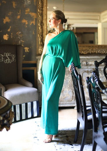 FOREVER STUNNING KELLY GREEN ONE SHOULDER JUMPSUIT